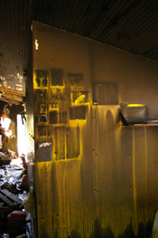 Smoke damage on the wall inside the restaurant.